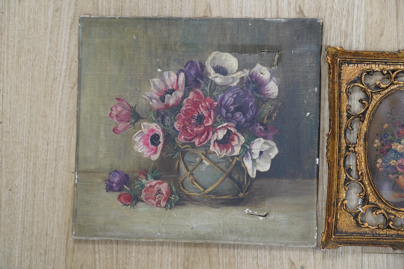 Early 19th century, two oils on canvas, Still lifes of flowers, largest 33 x 36cm, one ornately gilt framed. Condition - poor